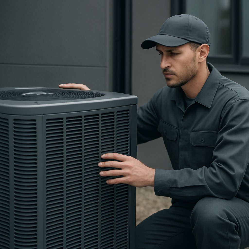 HVAC technician inspecting a modern air conditioning condenser unit