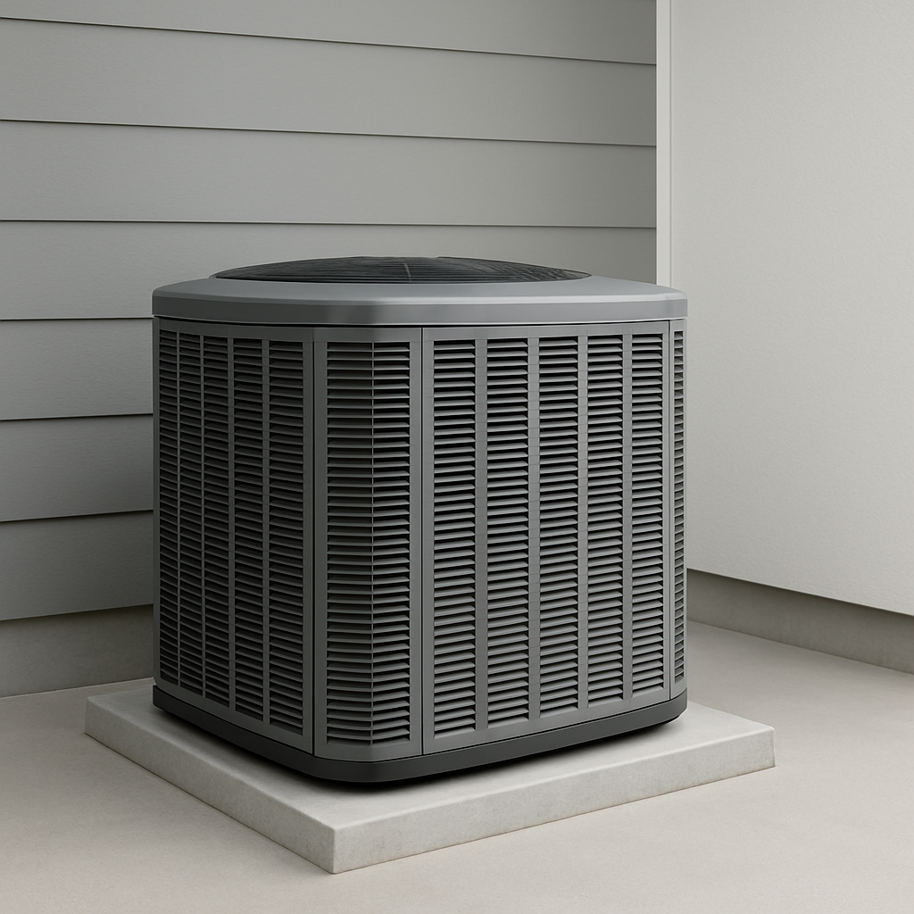 Modern outdoor central air conditioning condenser beside a contemporary home