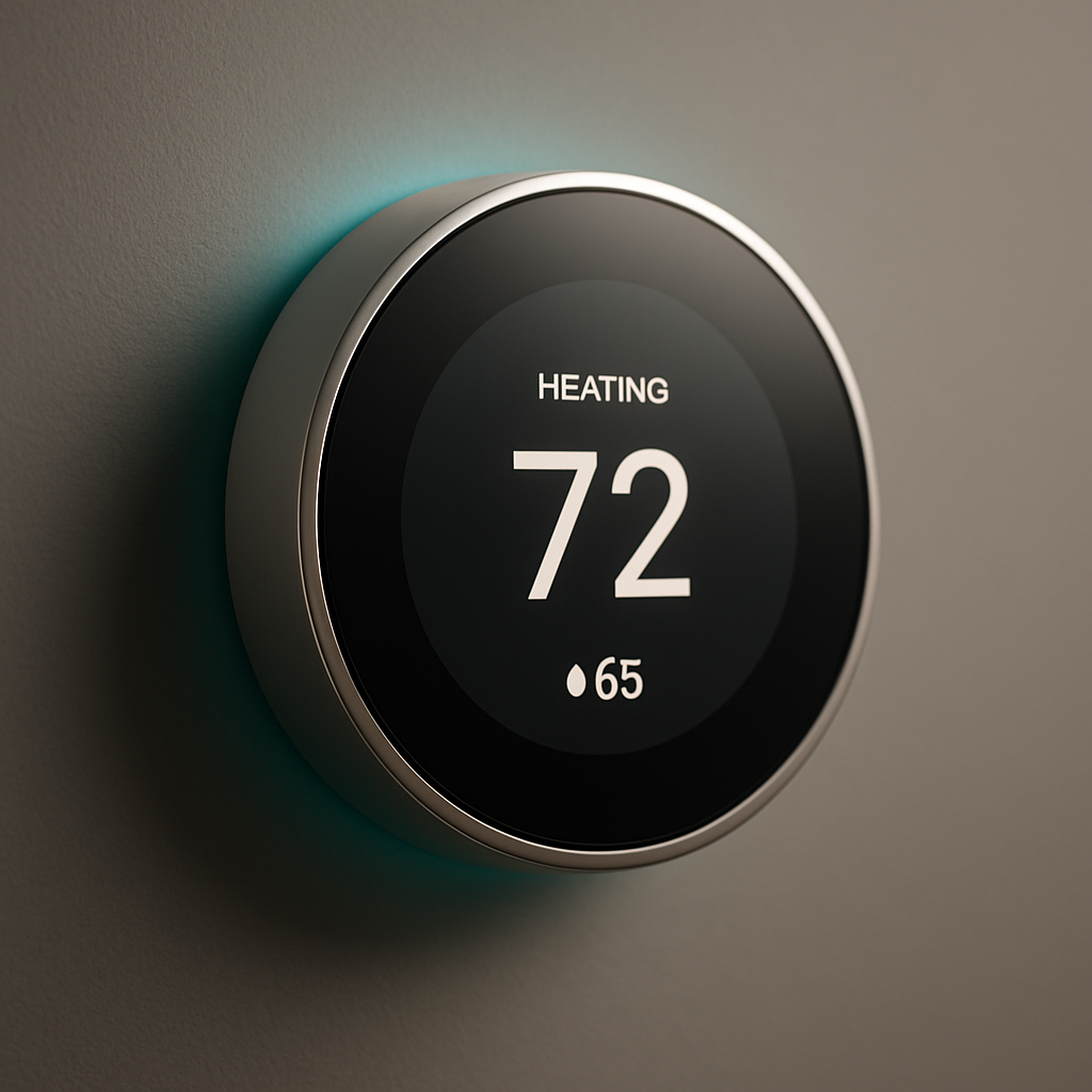 Modern minimalist smart thermostat mounted on a warm gray wall