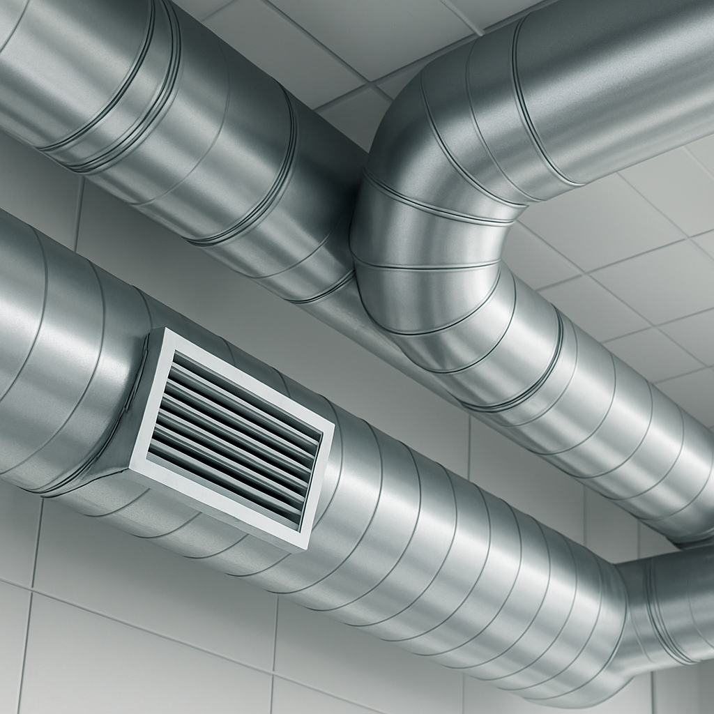 Clean polished metal HVAC ductwork in a modern ceiling