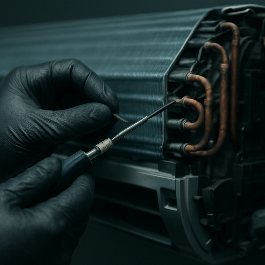 Technician servicing internal components of an air conditioning unit